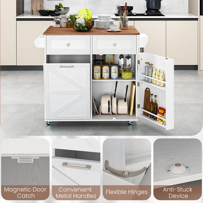Rolling Kitchen Island with Drop Leaf Kitchen Cart with Tilt Out Trash Can Cabinet-White