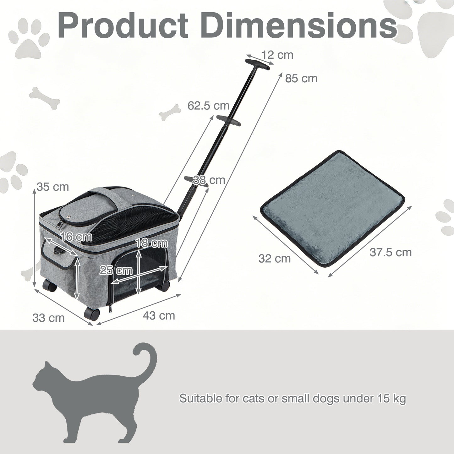 Rolling Pet Carrier with Telescopic Handle and Washable Pad Foldable