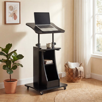 Rolling Podium Stand with Tilting Tabletop and Storage Shelves for Office-Black
