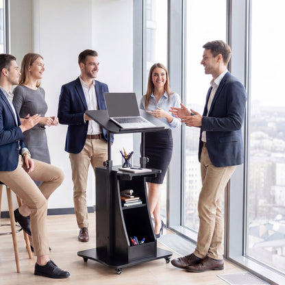 Rolling Podium Stand with Tilting Tabletop and Storage Shelves for Office-Black