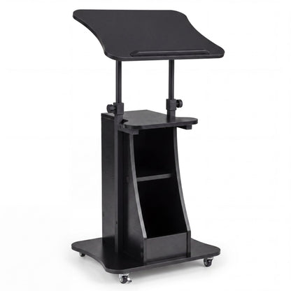 Rolling Podium Stand with Tilting Tabletop and Storage Shelves for Office-Black