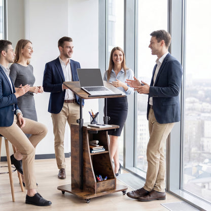 Rolling Podium Stand with Tilting Tabletop and Storage Shelves for Office-Rustic Brown