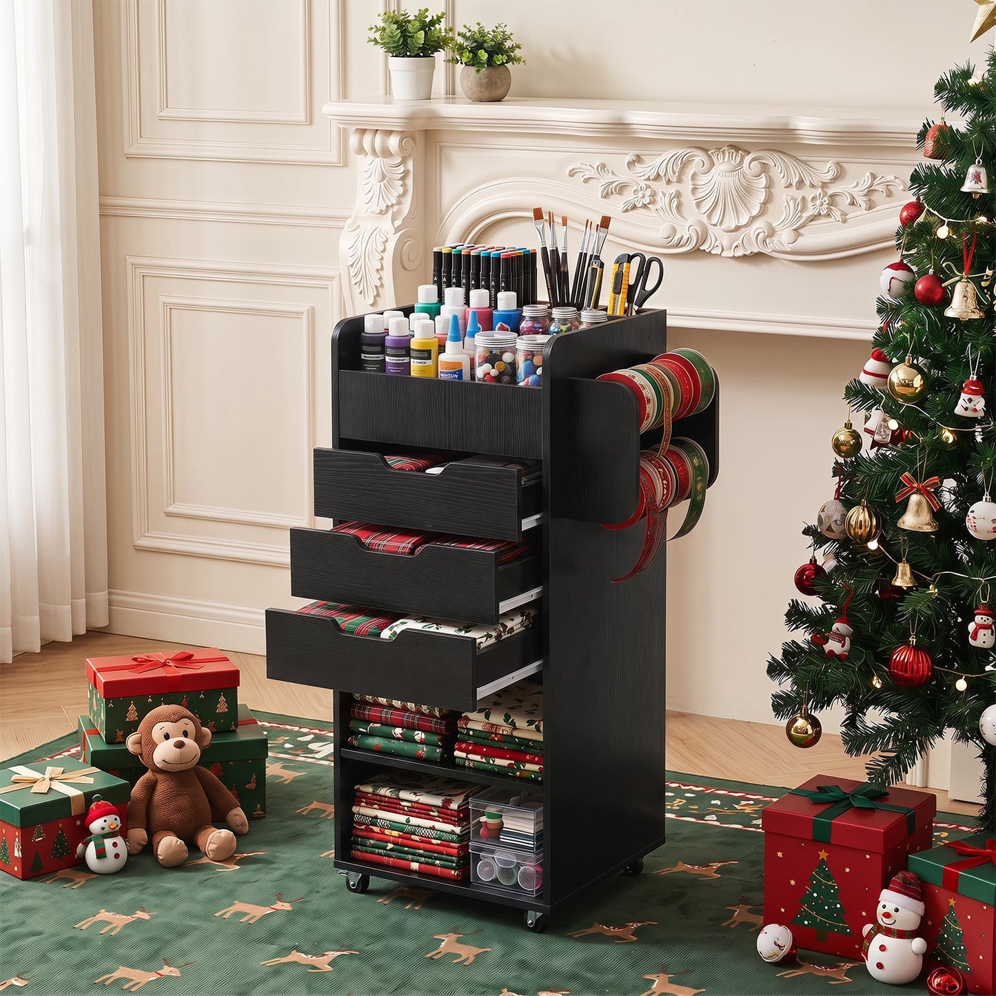 Rolling Storage Cart with 3 Drawers & 2 Shelves and Dowel Rods for Kitchen-Black