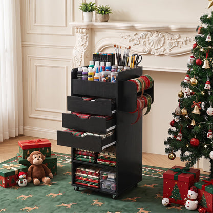 Rolling Storage Cart with 3 Drawers & 2 Shelves and Dowel Rods for Kitchen-Black