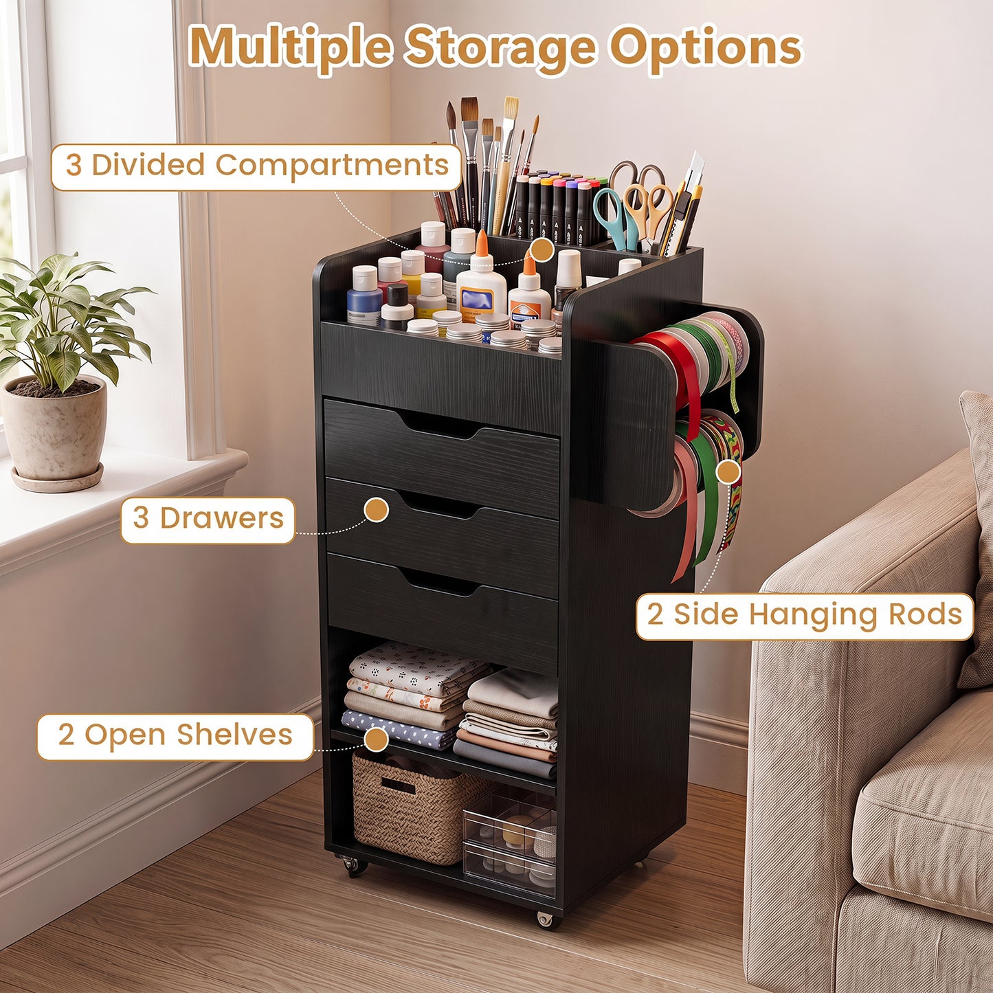 Rolling Storage Cart with 3 Drawers & 2 Shelves and Dowel Rods for Kitchen-Black