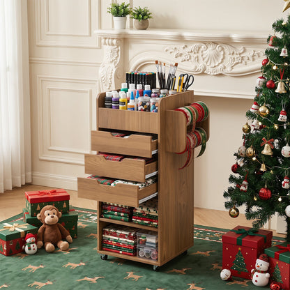 Rolling Storage Cart with 3 Drawers & 2 Shelves and Dowel Rods for Kitchen-Natural