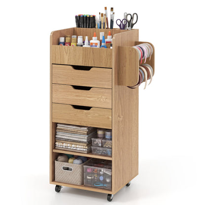 Rolling Storage Cart with 3 Drawers & 2 Shelves and Dowel Rods for Kitchen-Natural