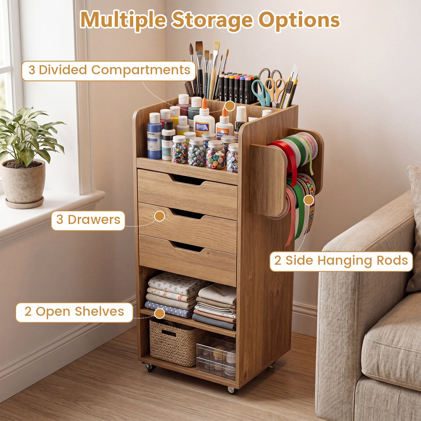 Rolling Storage Cart with 3 Drawers & 2 Shelves and Dowel Rods for Kitchen-Natural