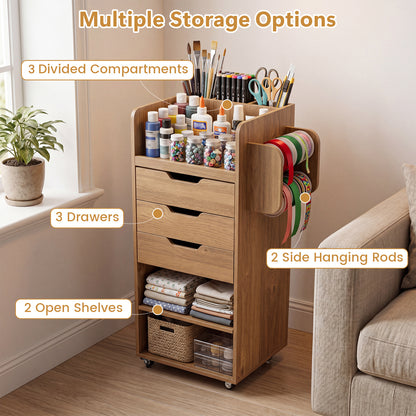 Rolling Storage Cart with 3 Drawers & 2 Shelves and Dowel Rods for Kitchen-Natural