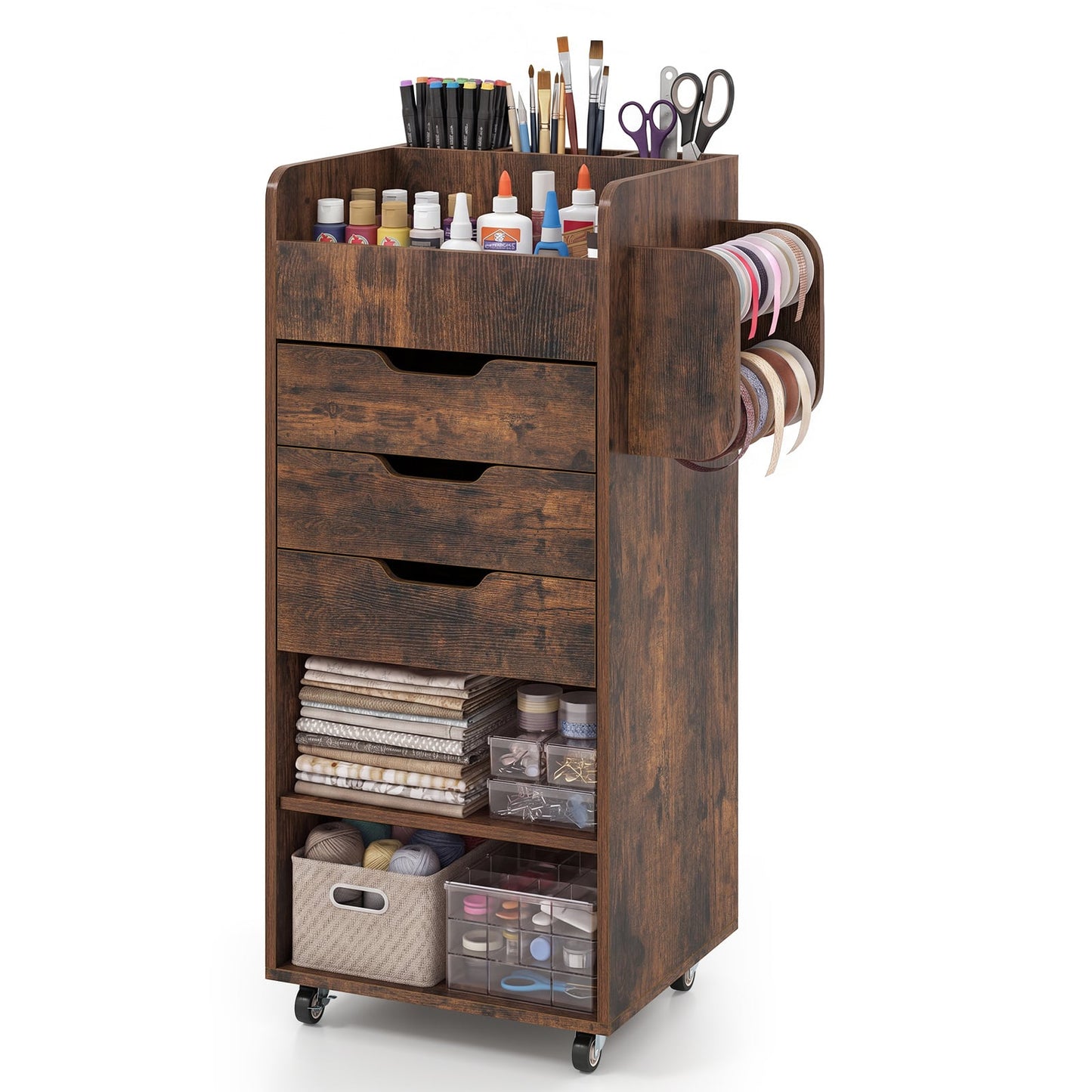Rolling Storage Cart with 3 Drawers & 2 Shelves and Dowel Rods for Kitchen-Rustic Brown