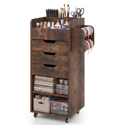 Rolling Storage Cart with 3 Drawers & 2 Shelves and Dowel Rods for Kitchen-Rustic Brown