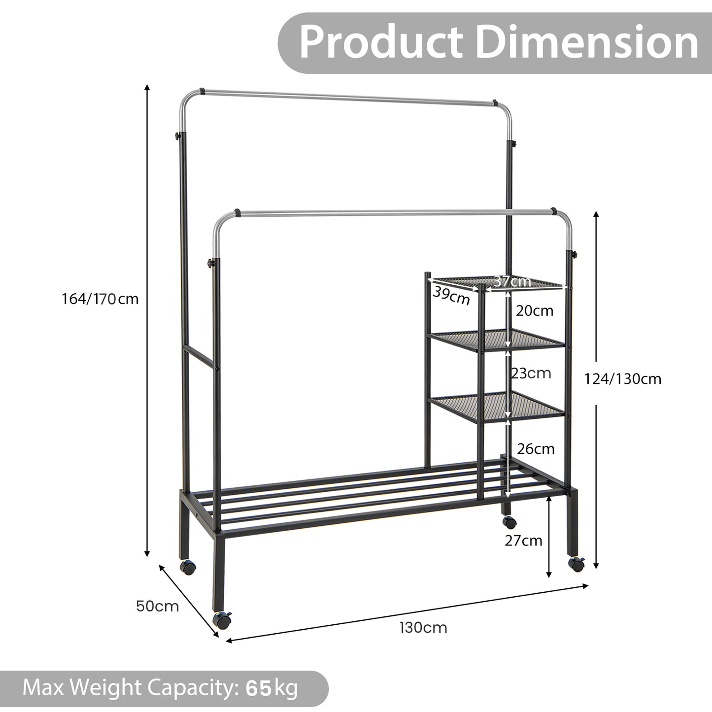 Rolling Clothes Drying Rack with 2 Adjustable Hanging Bars-Black &amp; Silver