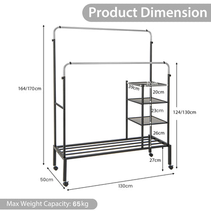 Rolling Clothes Drying Rack with 2 Adjustable Hanging Bars-Black &amp; Silver