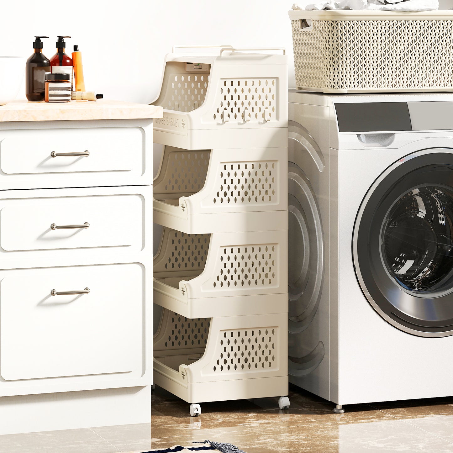 3/4/5/6 Tier Rolling Laundry Basket with Wheels and Handles for Laundry Room-Beige-5-Tier
