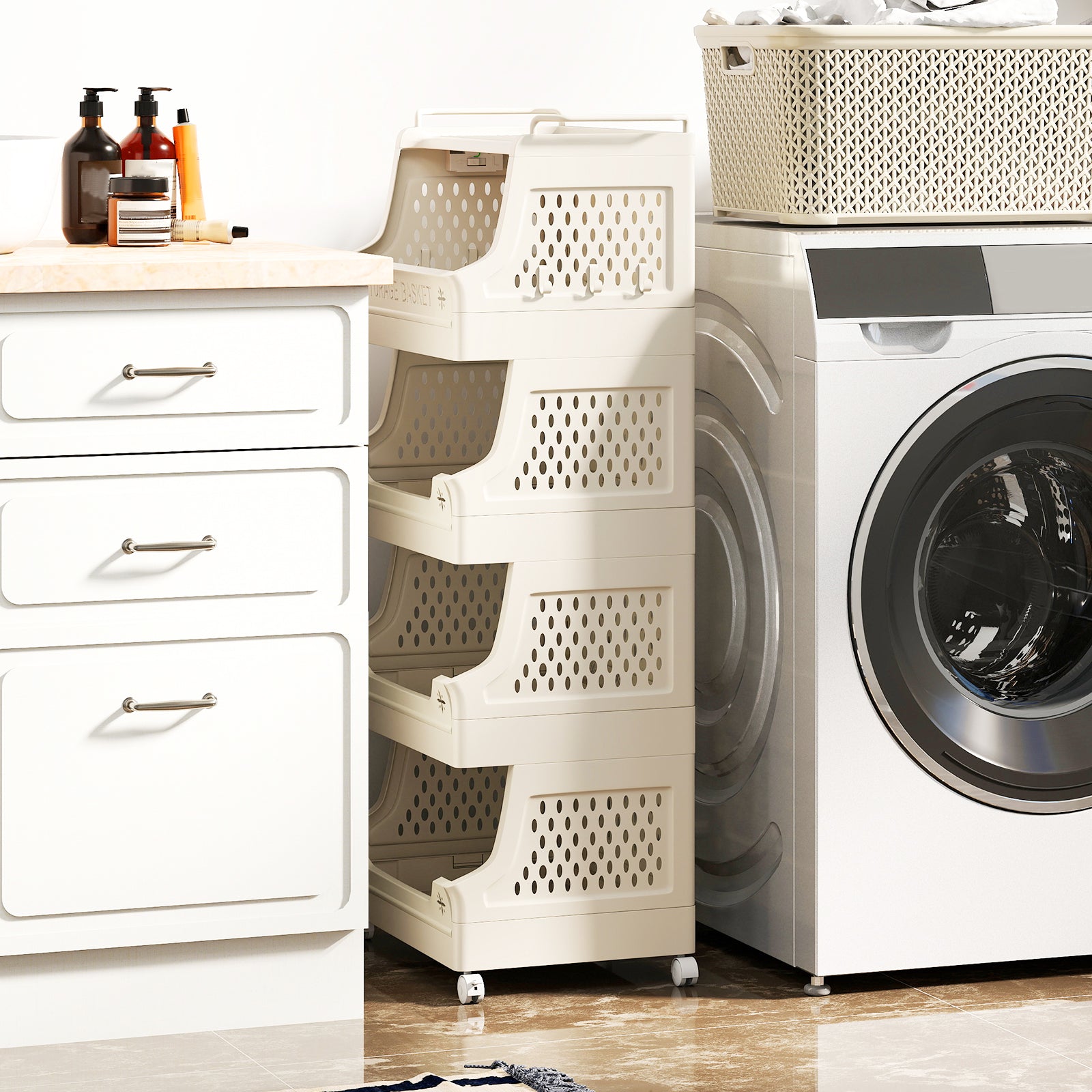 3/4/5/6 Tier Rolling Laundry Basket with Wheels and Handles for Laundry Room-Beige-5-Tier