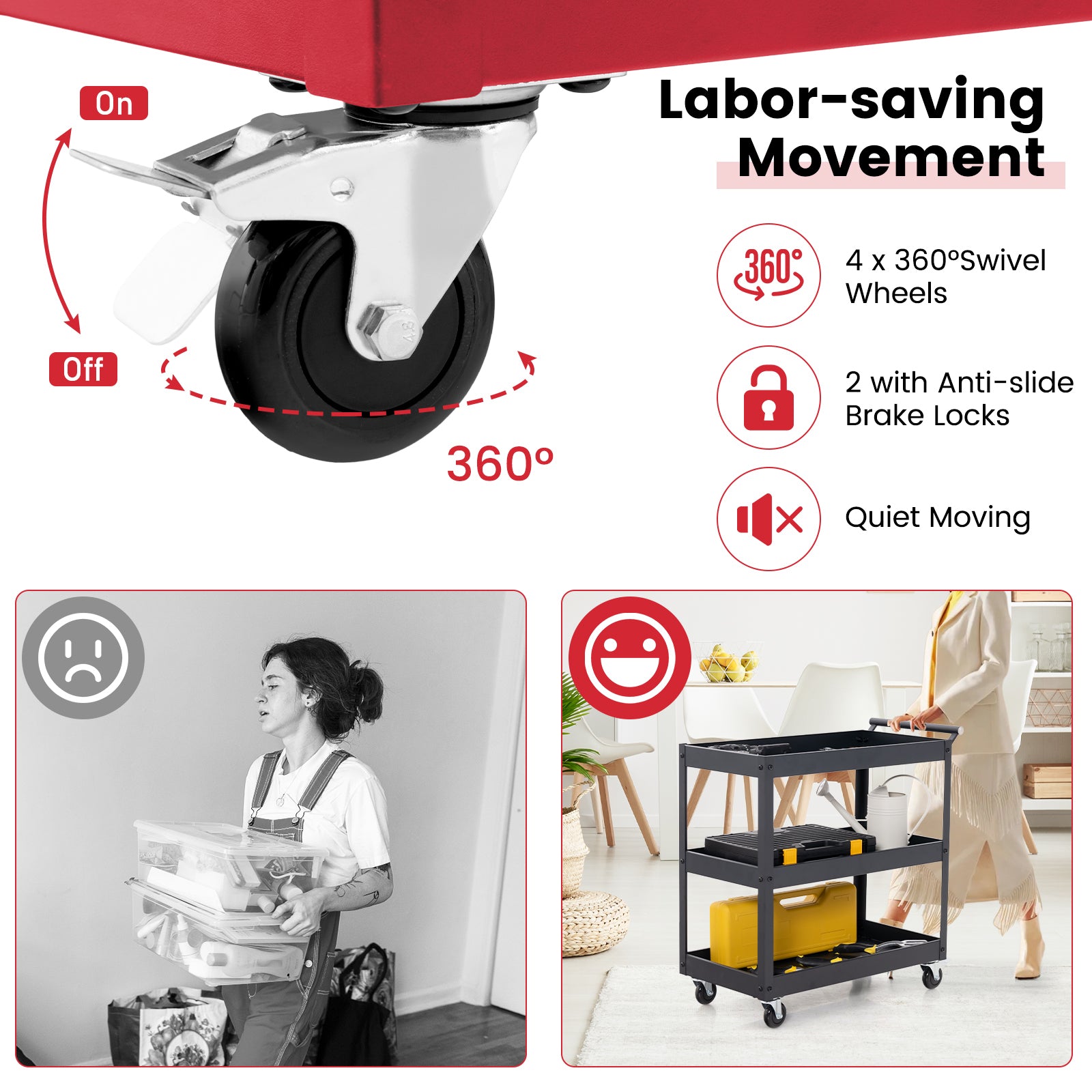 3 Shelf Rolling Metal Utility Cart with Ergonomic Handle-Red