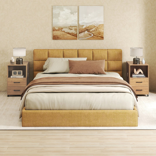 Rolling Nightstand with Storage Drawers and Shelves for Bedroom-Natural