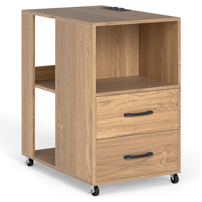 Rolling Nightstand with Storage Drawers and Shelves for Bedroom-Natural