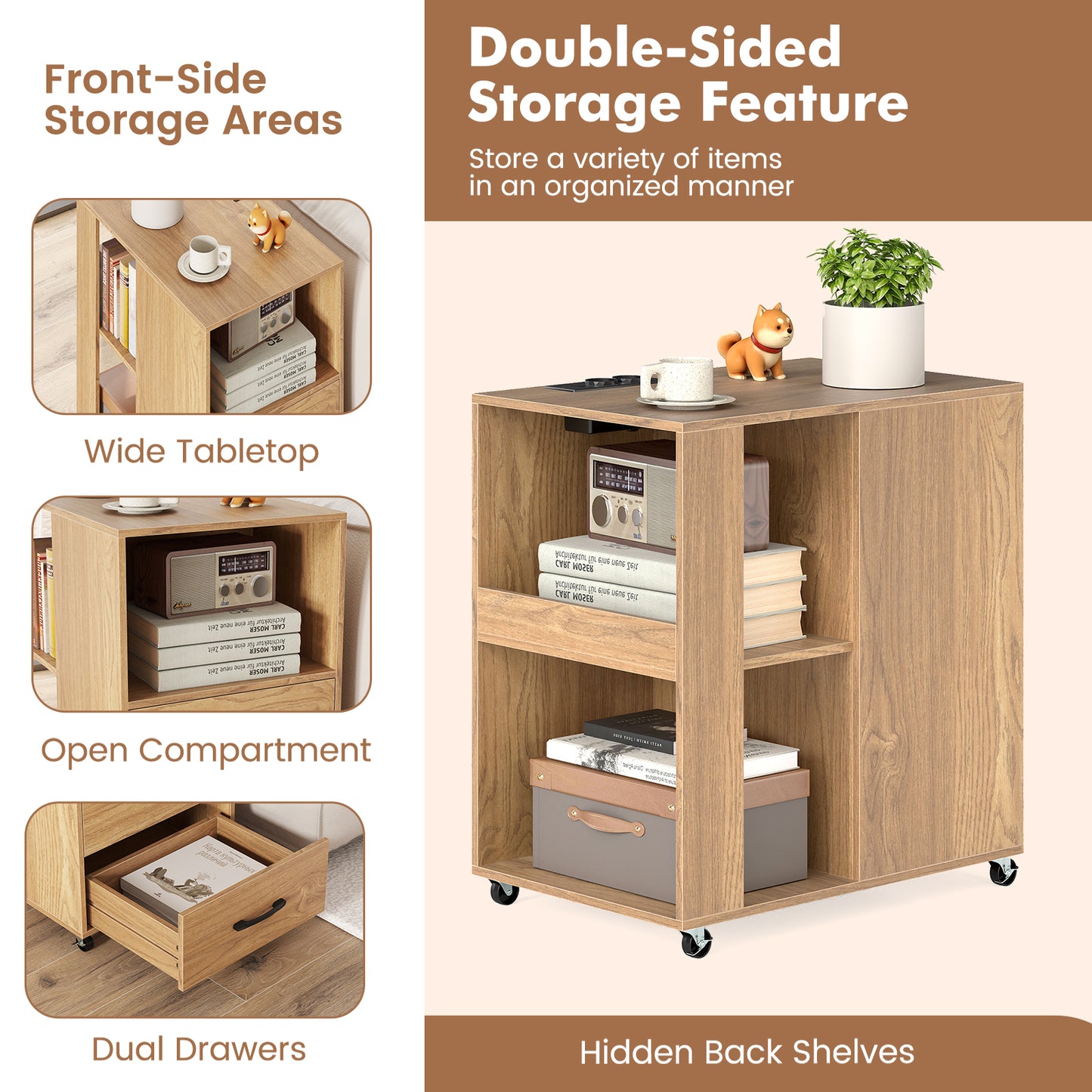 Rolling Nightstand with Storage Drawers and Shelves for Bedroom-Natural