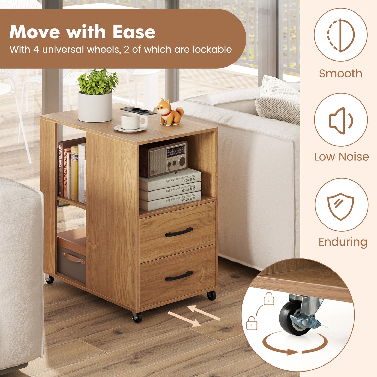 Rolling Nightstand with Storage Drawers and Shelves for Bedroom-Natural