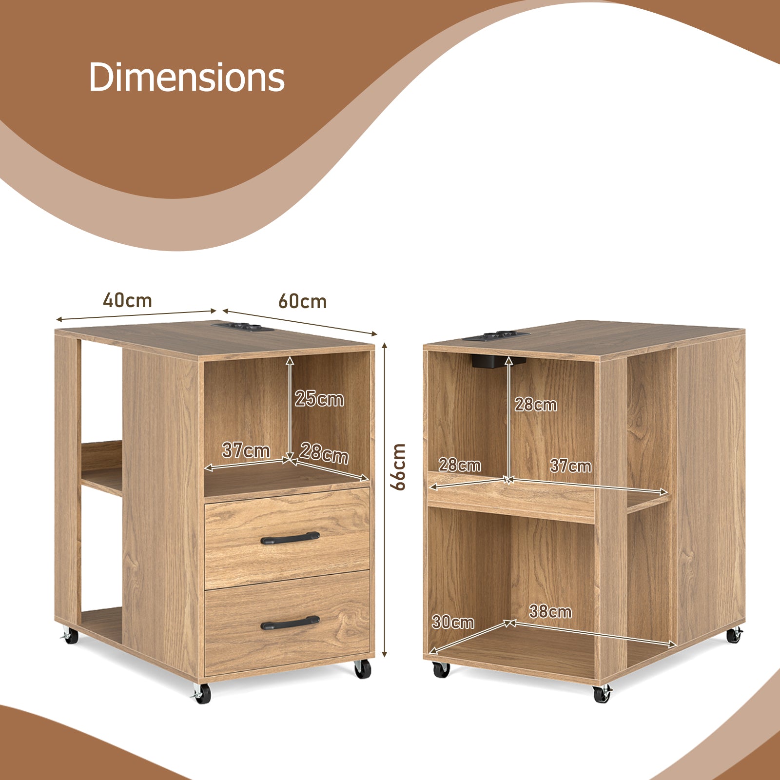 Rolling Nightstand with Storage Drawers and Shelves for Bedroom-Natural