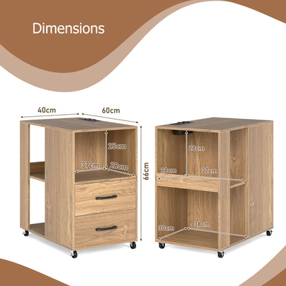 Rolling Nightstand with Storage Drawers and Shelves for Bedroom-Natural