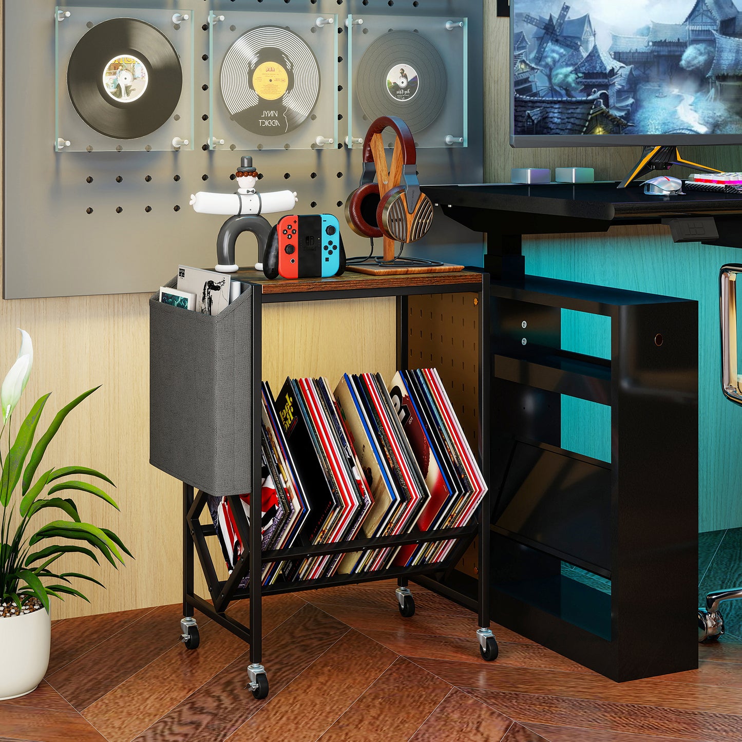 Rolling Record Player Stand with Vinyl Storage and Magazine Holder-Rustic Brown