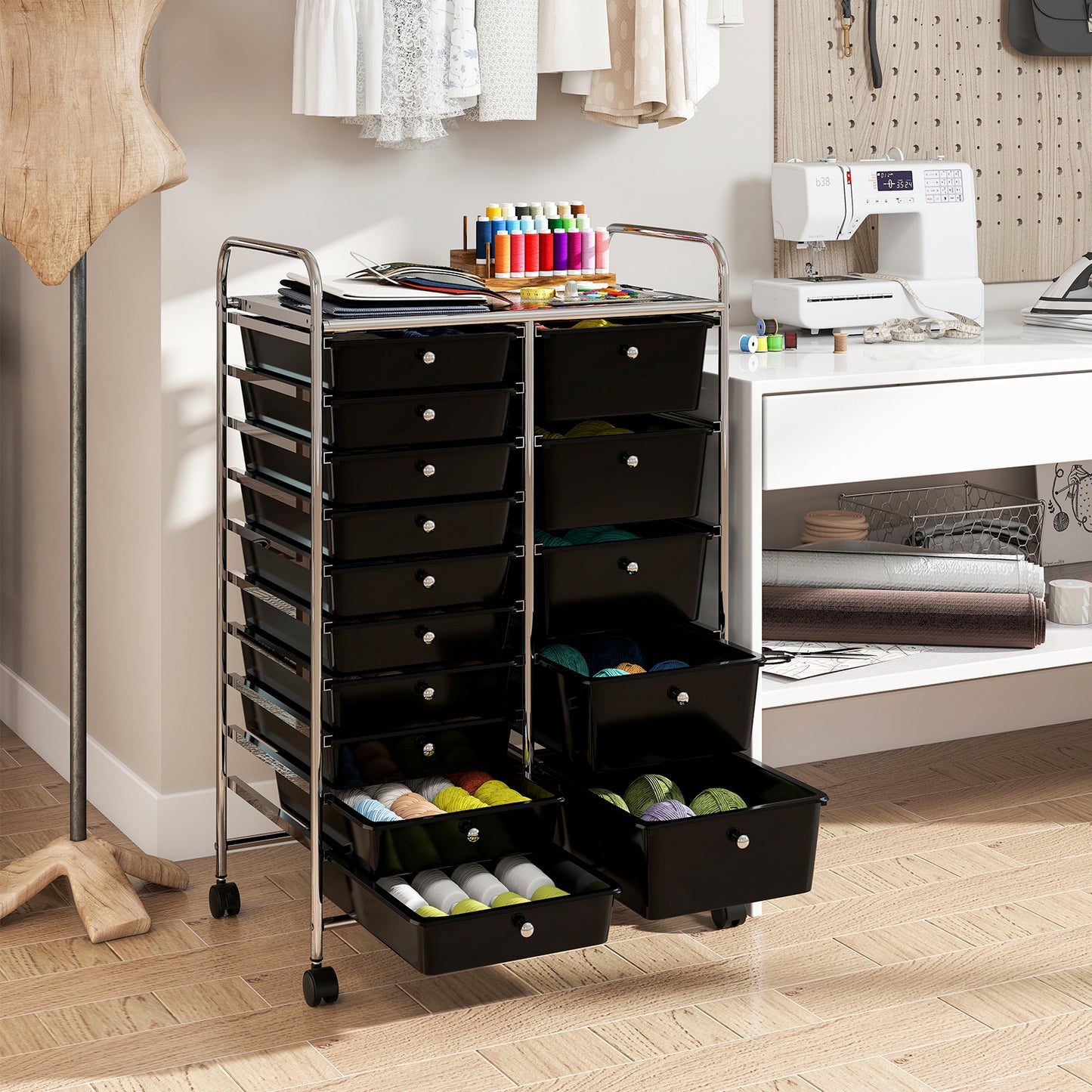 15-Drawer Rolling Storage Cart with Lockable Wheels and Removable Drawers-Black