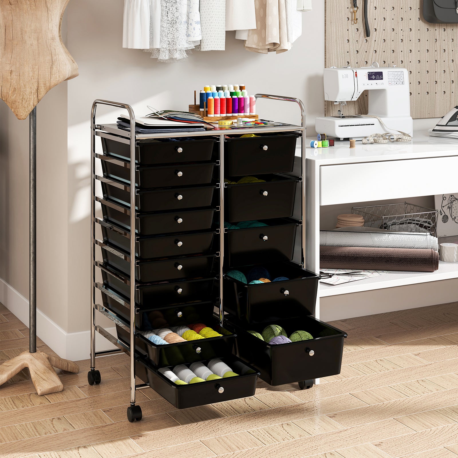 15-Drawer Rolling Storage Cart with Lockable Wheels and Removable Drawers-Black
