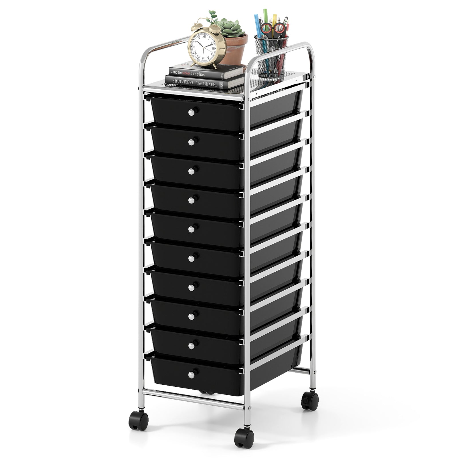 10-Drawer Rolling Storage Cart with Lockable Wheels and Removable Drawers-Black