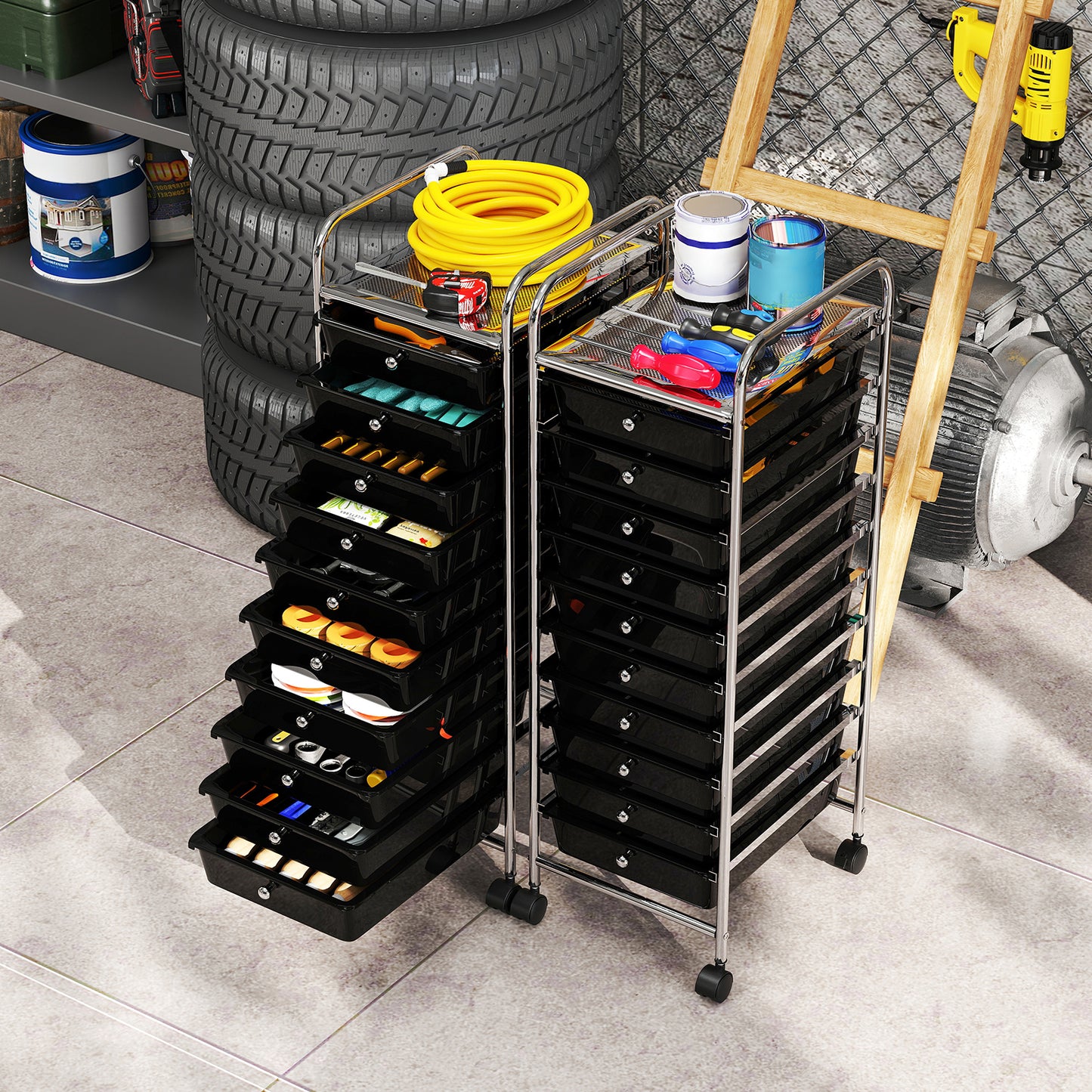 10-Drawer Rolling Storage Cart with Lockable Wheels and Removable Drawers-Black
