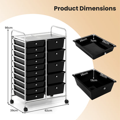 15-Drawer Rolling Storage Cart with Lockable Wheels and Removable Drawers-Black