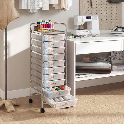 10-Drawer Rolling Storage Cart with Lockable Wheels and Removable Drawers-White