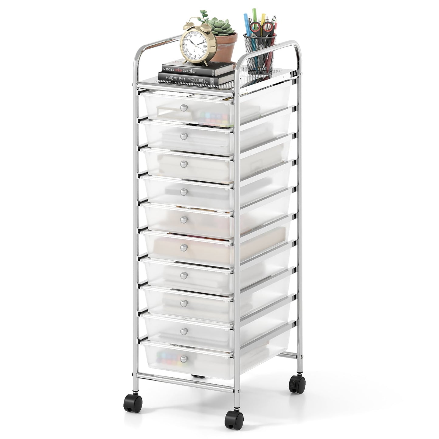 10-Drawer Rolling Storage Cart with Lockable Wheels and Removable Drawers-White