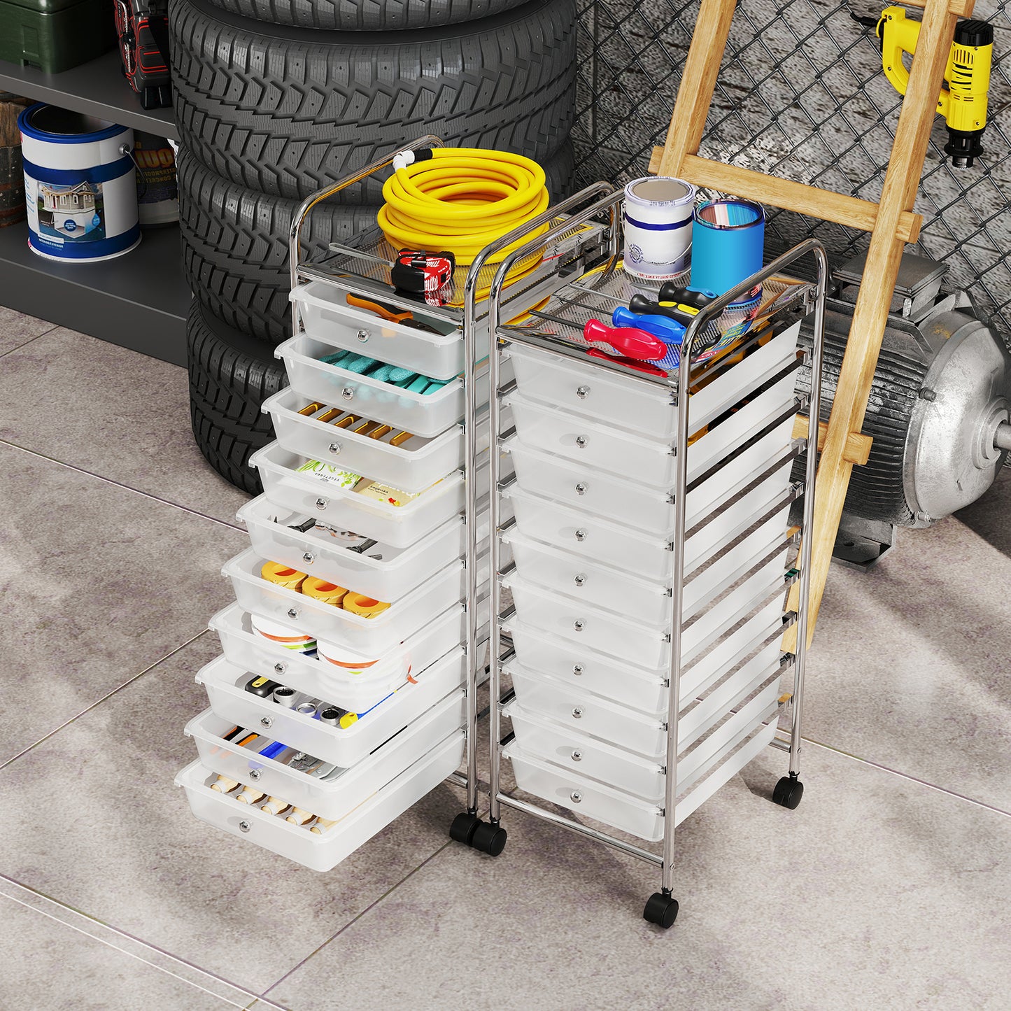 10-Drawer Rolling Storage Cart with Lockable Wheels and Removable Drawers-White