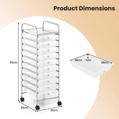 10-Drawer Rolling Storage Cart with Lockable Wheels and Removable Drawers-White