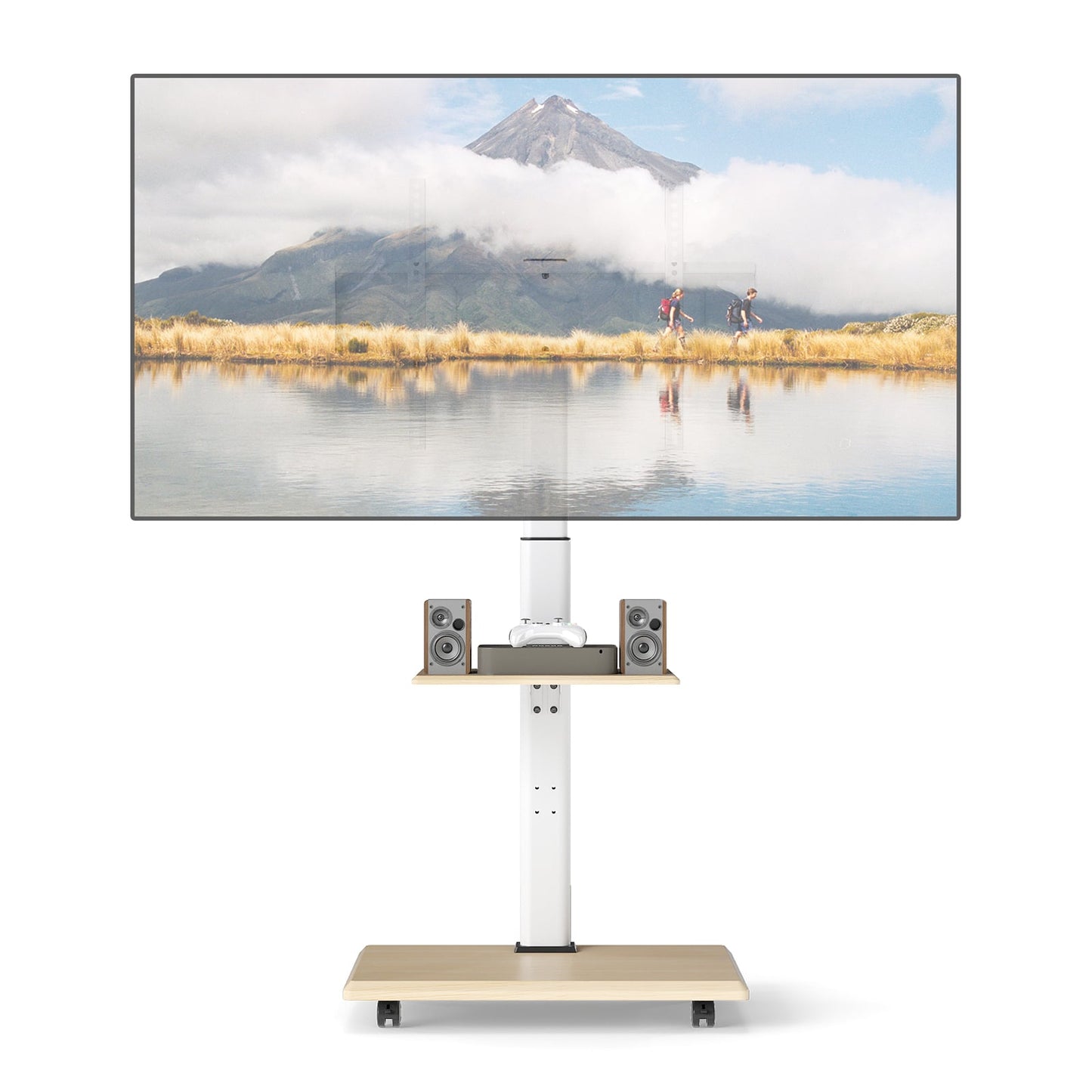 Rolling TV Stand on Wheels with 30° Tilt Mount and Adjustable Shelf-Natural