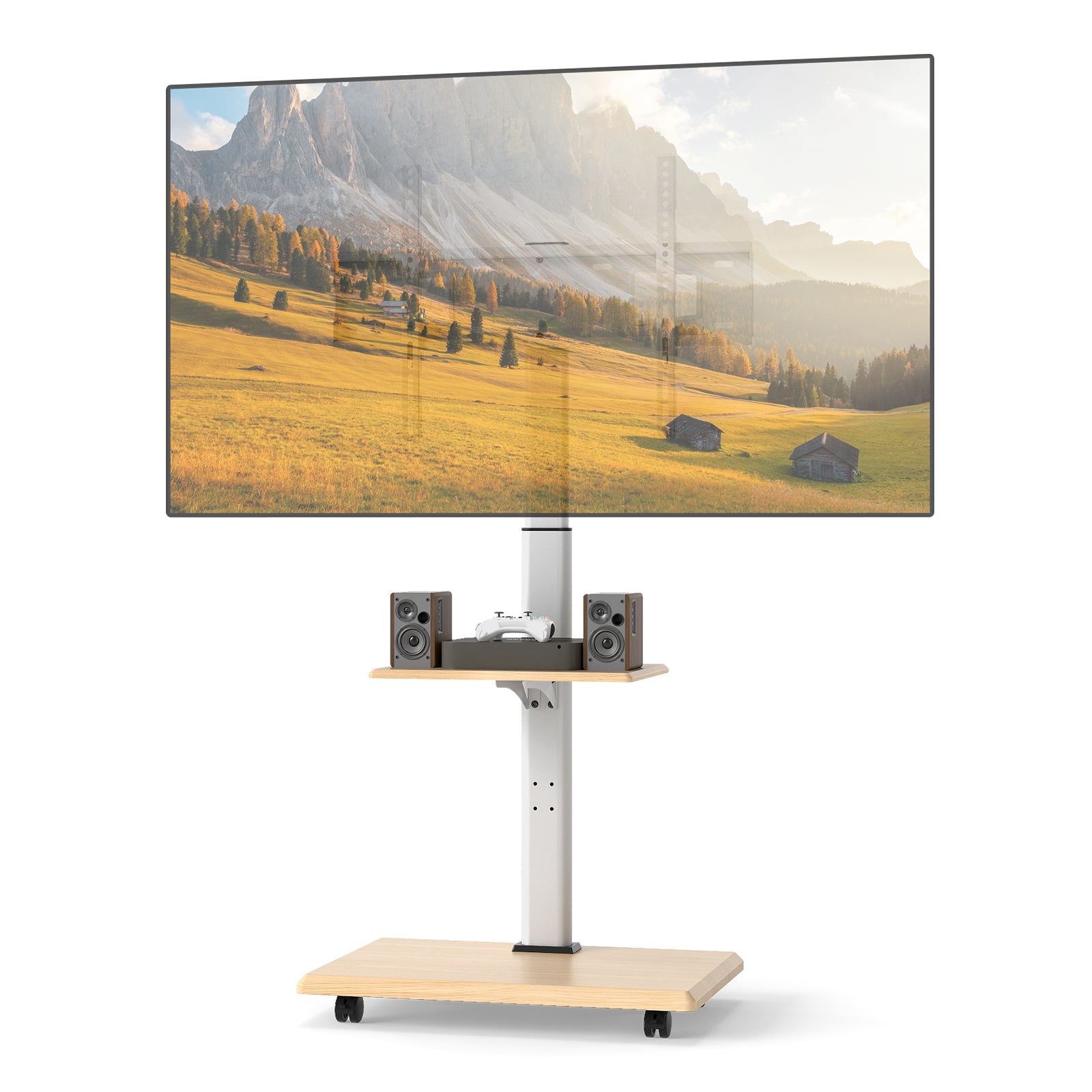 Rolling TV Stand on Wheels with 30° Tilt Mount and Adjustable Shelf-Natural
