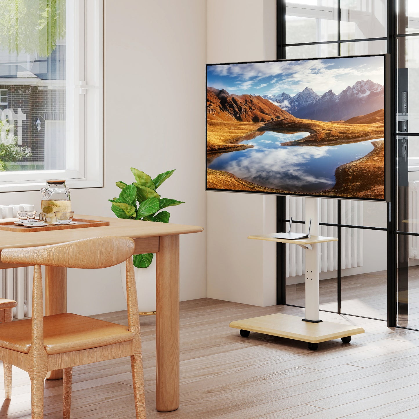 Rolling TV Stand on Wheels with 30° Tilt Mount and Adjustable Shelf-Natural