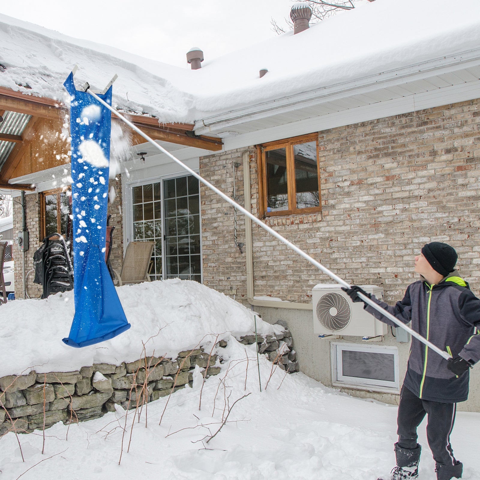 Snow Roof Rake with 4 Section Pole Wheels and Anti-slip Handle