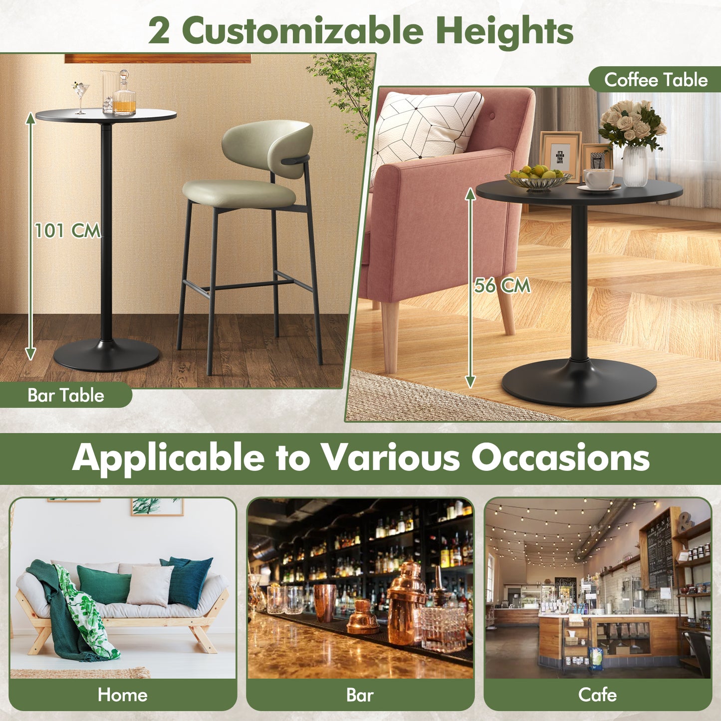 Round Bar Table with Adjustable Height and Metal Base Set of 1-Black