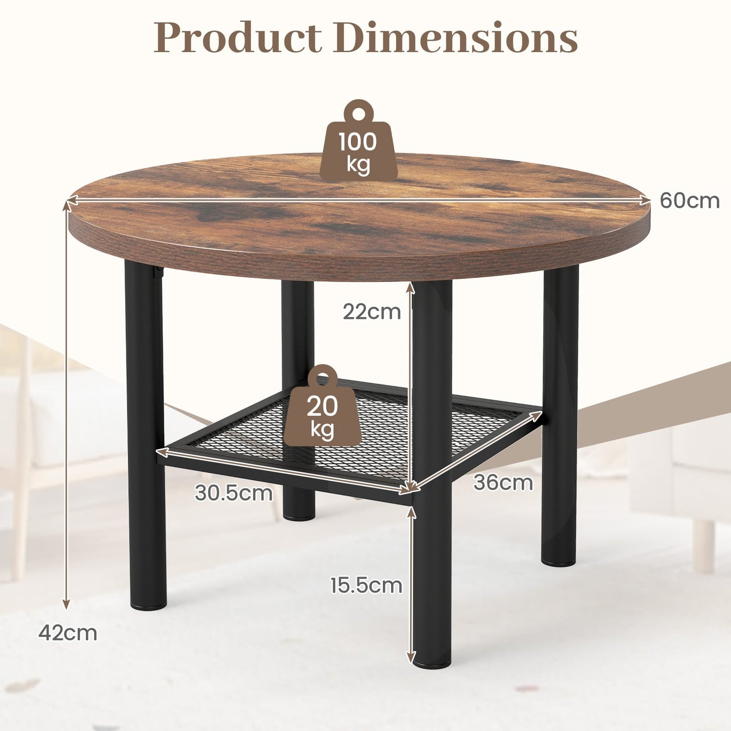 Round Coffee Table 2-Tier Modern Circular Center Table with Storage Shelf-Rustic Brown