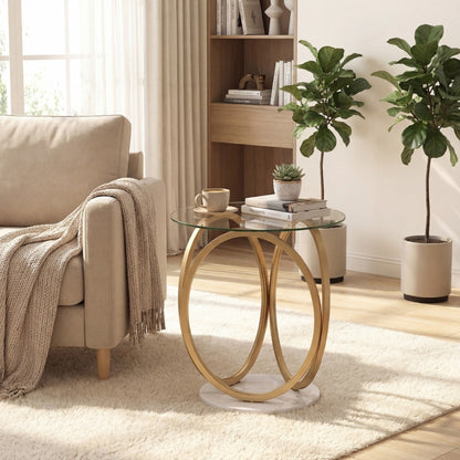 Round Glass Coffee Table with Geometric Metal Ring Frame for Living Room-Gold