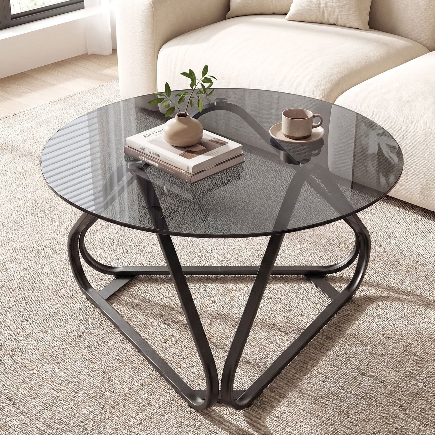 Round Tempered Glass Coffee Table with Triangle Metal Frame for Living Room-Black
