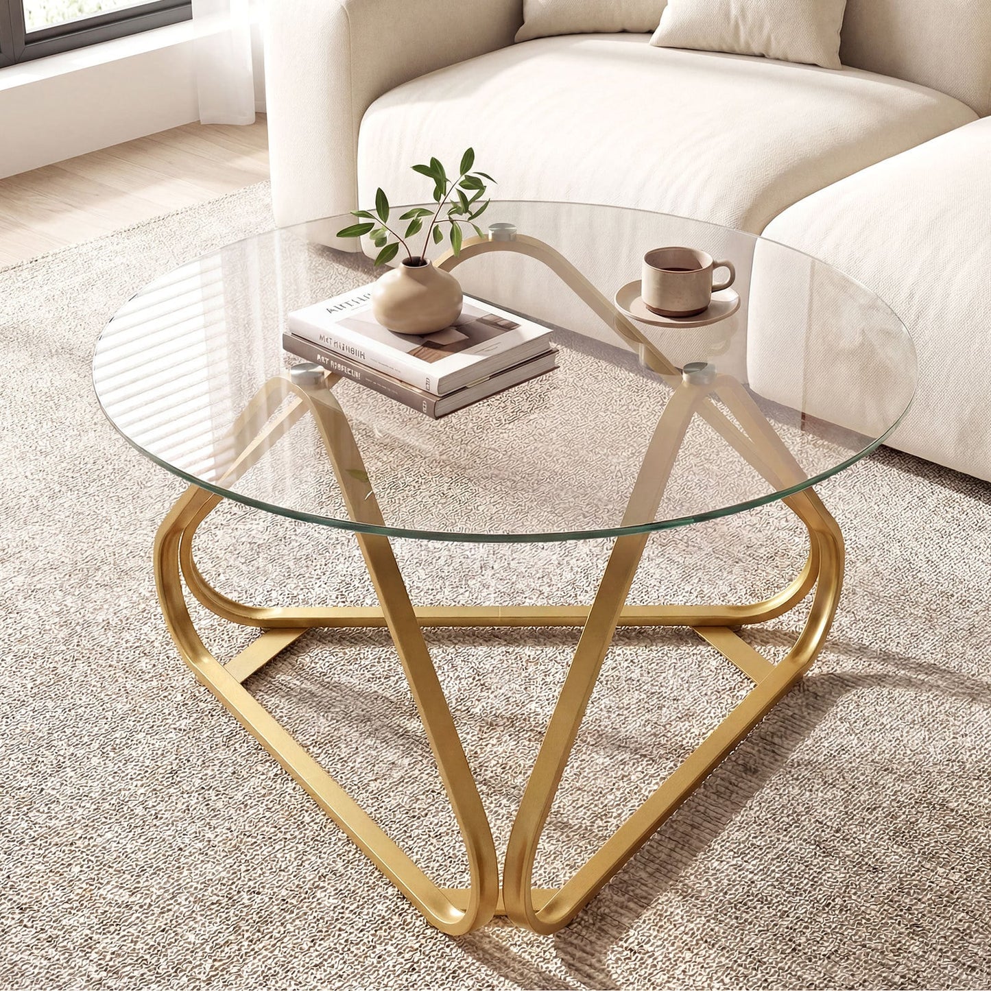 Round Tempered Glass Coffee Table with Triangle Metal Frame for Living Room-Gold