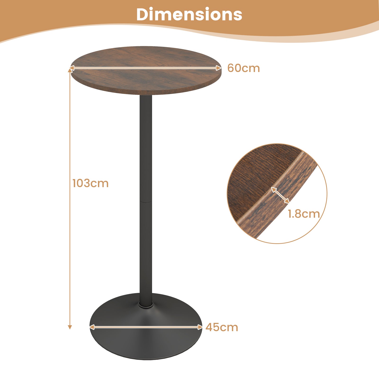 Round Top Pub and Bar Table with MDF Top and Base-1 Piece-Rustic Brown