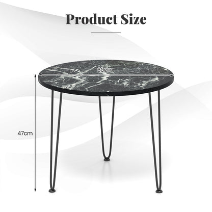 Round Coffee Table Small Faux Marble Accent Table with Thickened Tabletop and Metal Tripod Legs-Black