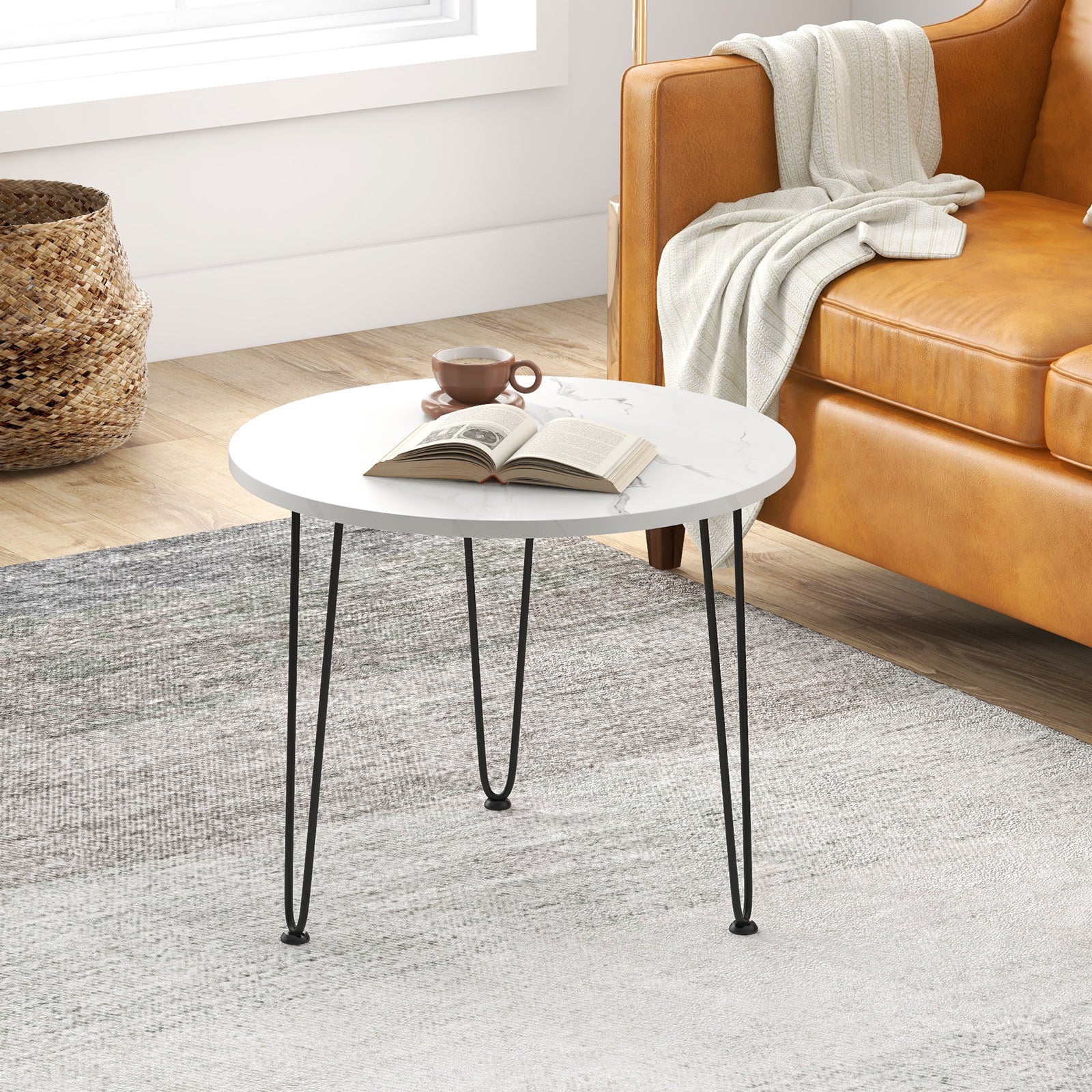 Round Coffee Table Small Faux Marble Accent Table with Thickened Tabletop and Metal Tripod Legs-White