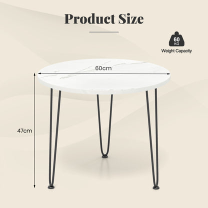 Round Coffee Table Small Faux Marble Accent Table with Thickened Tabletop and Metal Tripod Legs-White