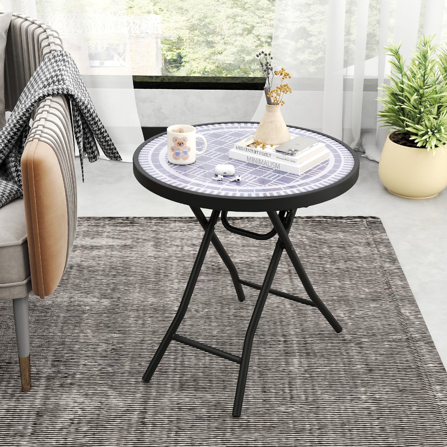 Round Folding Side Patio Coffee Table with Tempered Glass Tabletop-Grey